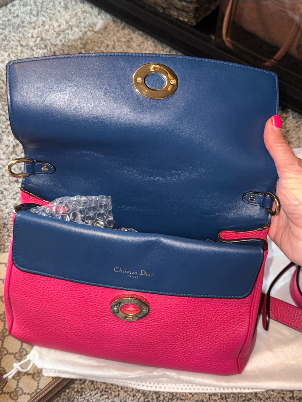 Dior Raspberry Pink Top Handle Pebbled Leather Be Dior with Gold Hardware - Picture 10 of 14